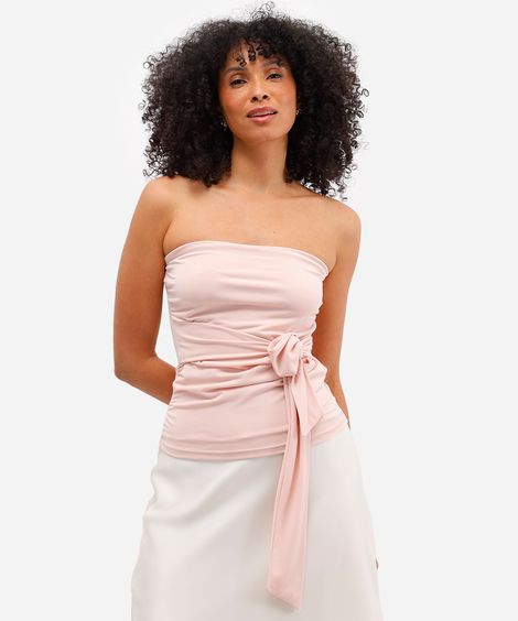 blusa sem alça feminina franzida com amarração rosa