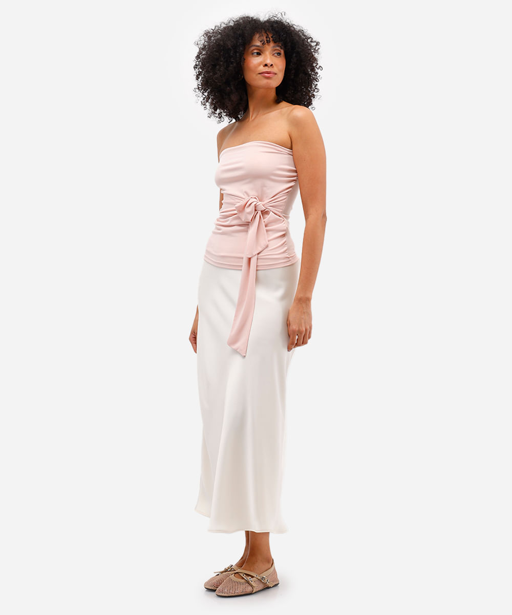 blusa sem alça feminina franzida com amarração rosa
