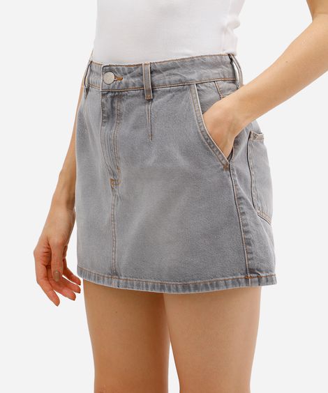 saia curta feminina jeans cintura alta cinza