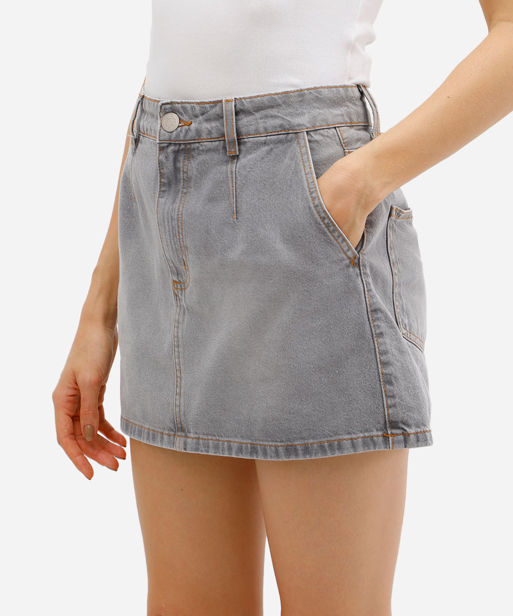 saia curta feminina jeans cintura alta cinza