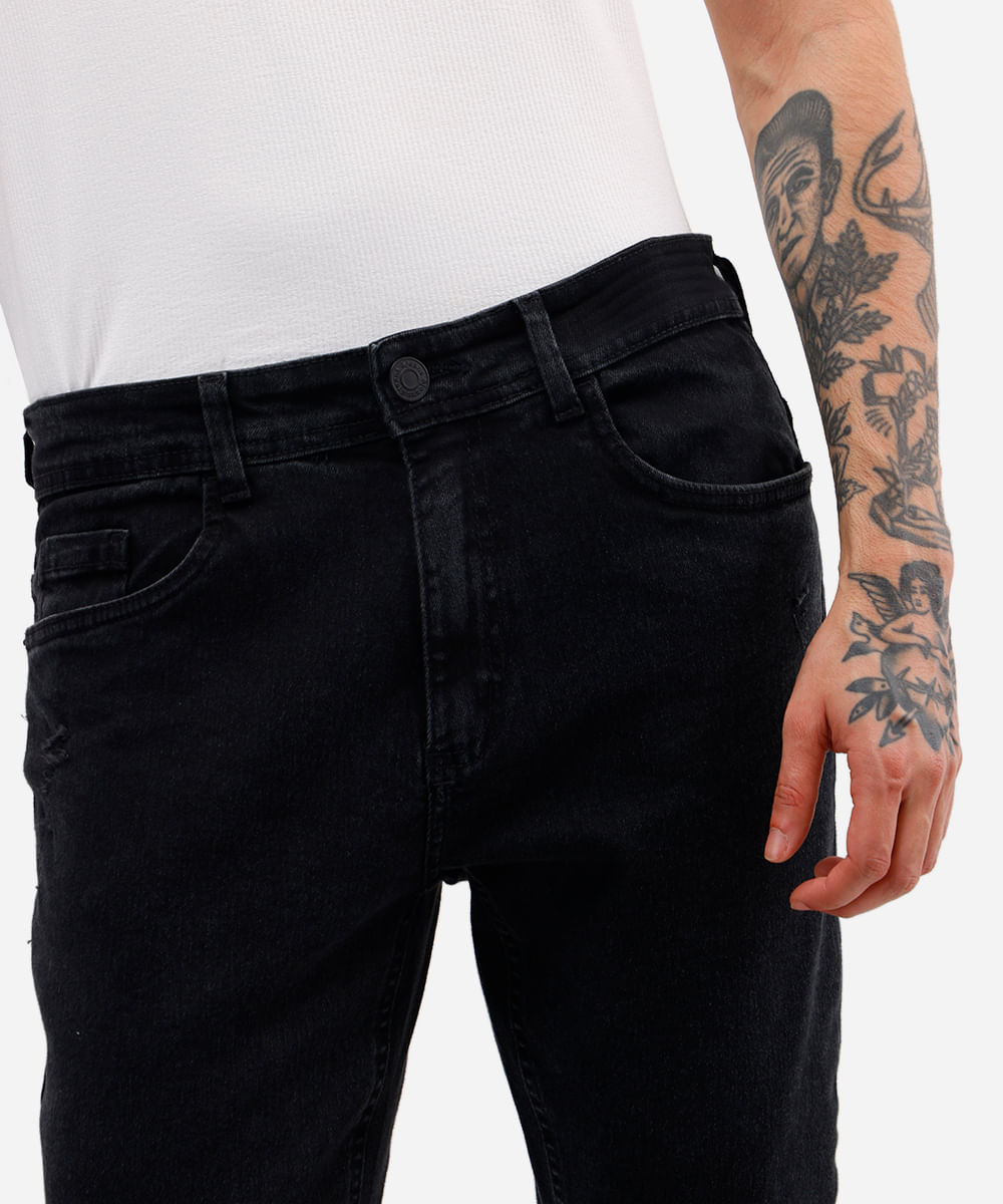 calça skinny masculina jeans destroyed preta