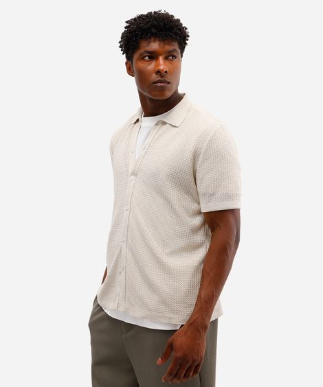 camisa comfort masculina de tricot texturizada bege