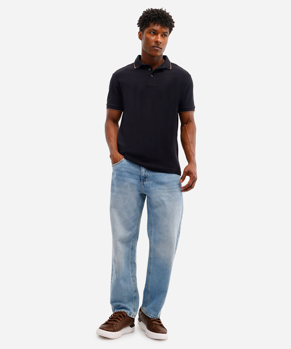 polo básica masculina de algodão manga curta texturizada preta