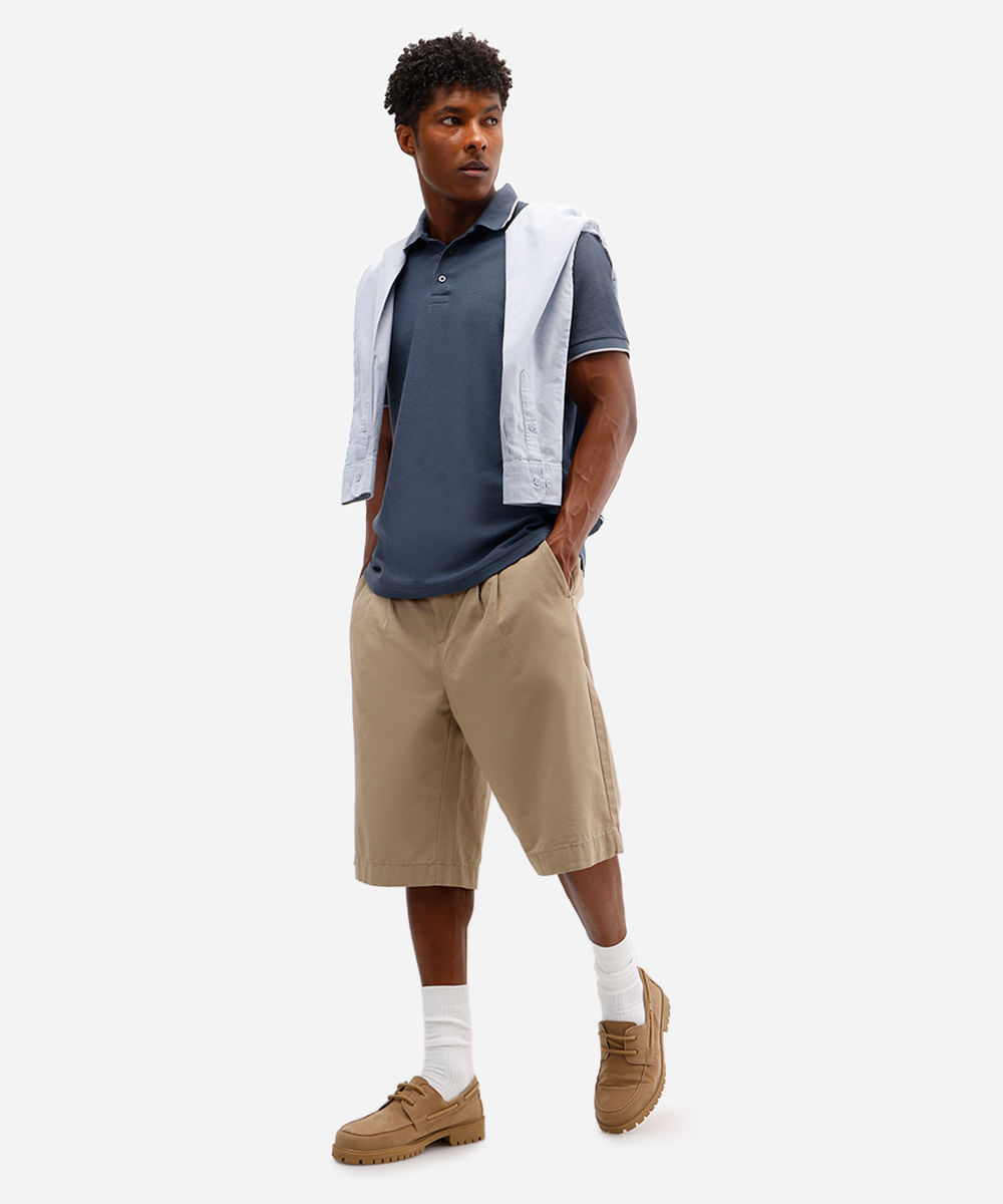 polo básica masculina de algodão manga curta texturizada azul