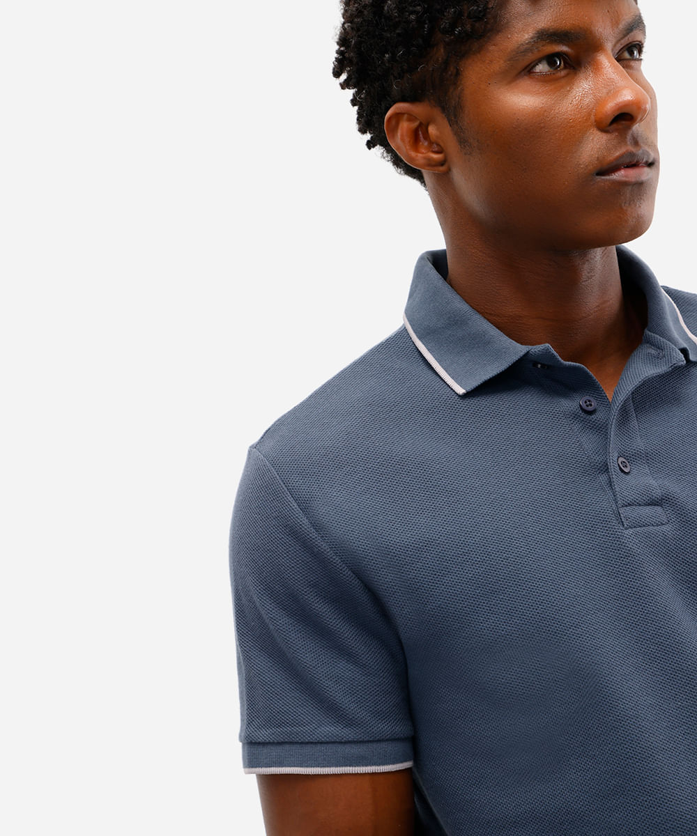 polo básica masculina de algodão manga curta texturizada azul