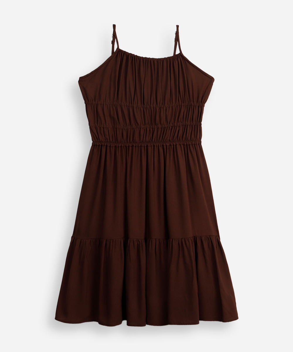 vestido curto juvenil de viscose com elásticos marrom