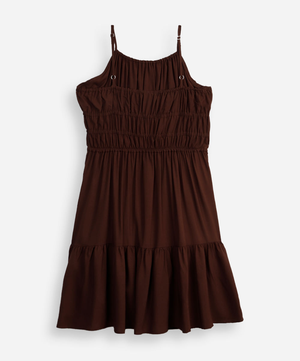 vestido curto juvenil de viscose com elásticos marrom
