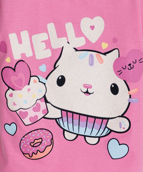 camiseta infantil de algodão gatinho com glitter rosa