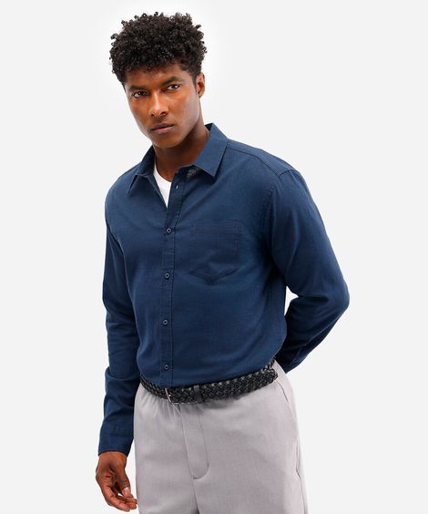 camisa comfort com linho manga longa azul marinho