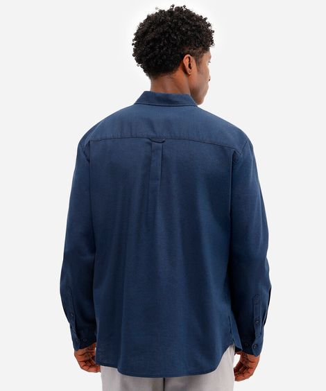 camisa comfort com linho manga longa azul marinho