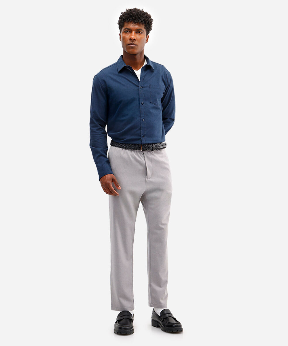 camisa comfort com linho manga longa azul marinho