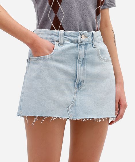 minissaia feminina jeans barra a fio azul