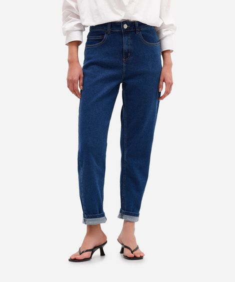 calça mom feminina jeans barra dobrada azul