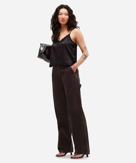 calça feminina sarja wide slim marrom