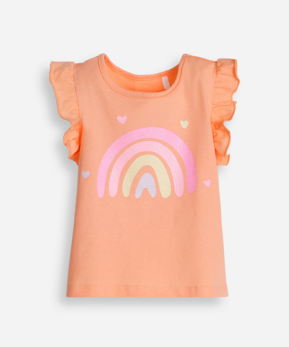 camiseta de algodão infantil manga com babado arco íris laranja