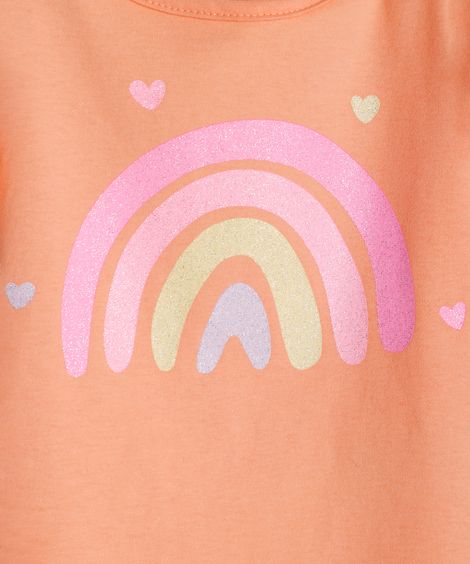 camiseta de algodão infantil manga com babado arco íris laranja