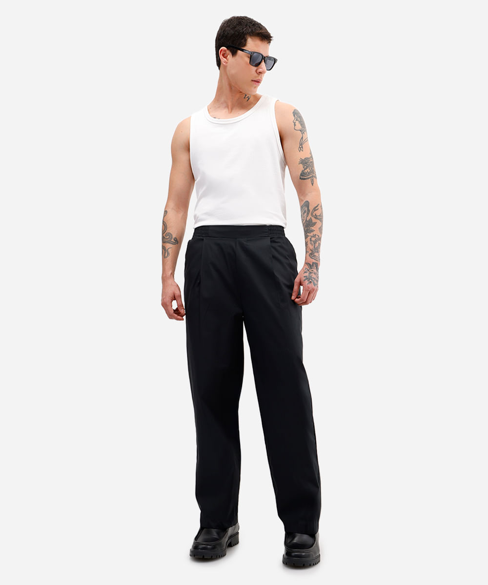 calça wide leg masculina de algodão cós elástico preta