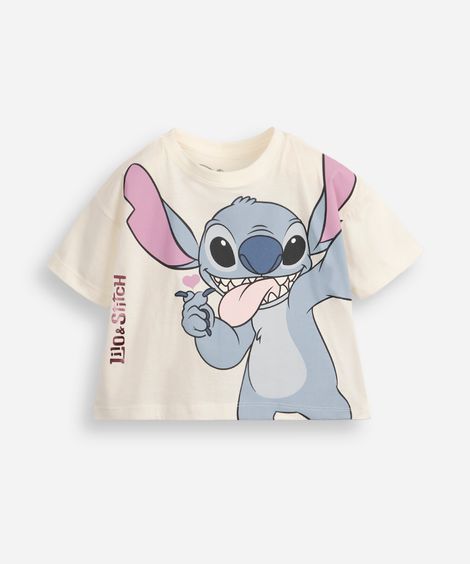 camiseta infantil de algodão manga curta stitch off white