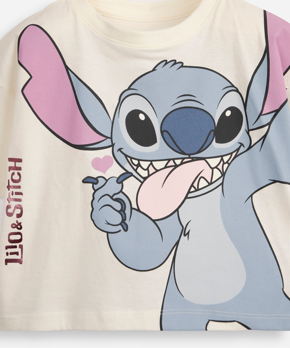 camiseta infantil de algodão manga curta stitch off white