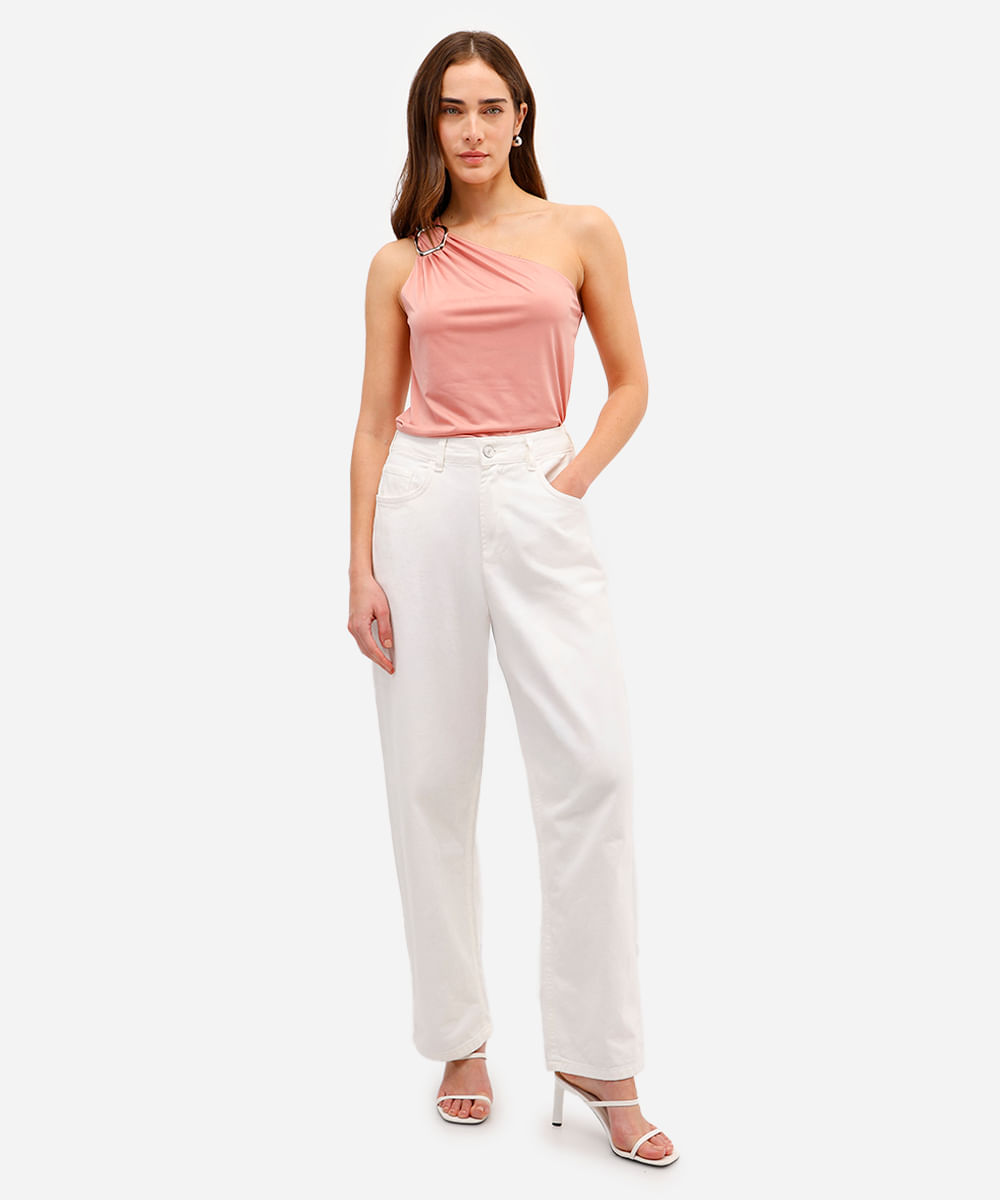 blusa ombro único feminina franzida rosa