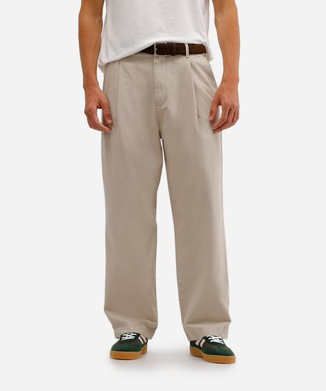 calça baggy masculina de sarja com pregas bege