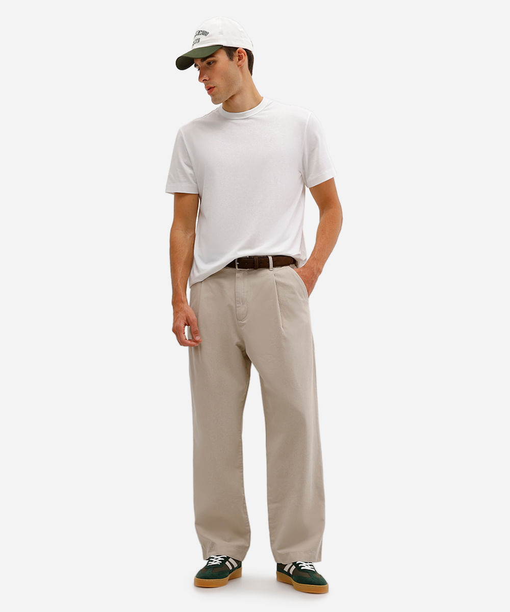 calça baggy masculina de sarja com pregas bege