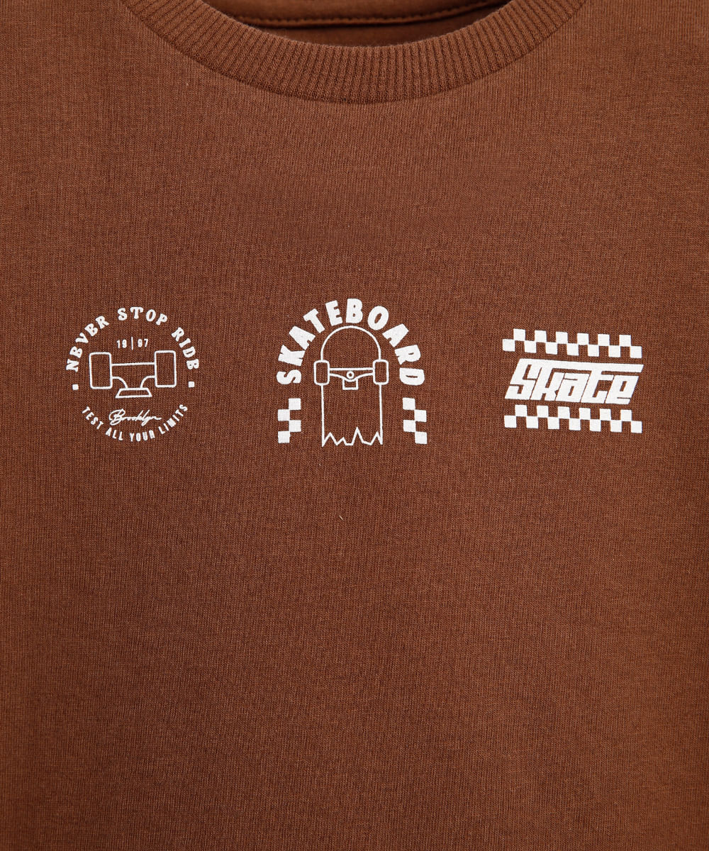 camiseta de algodão infantil manga curta skate marrom