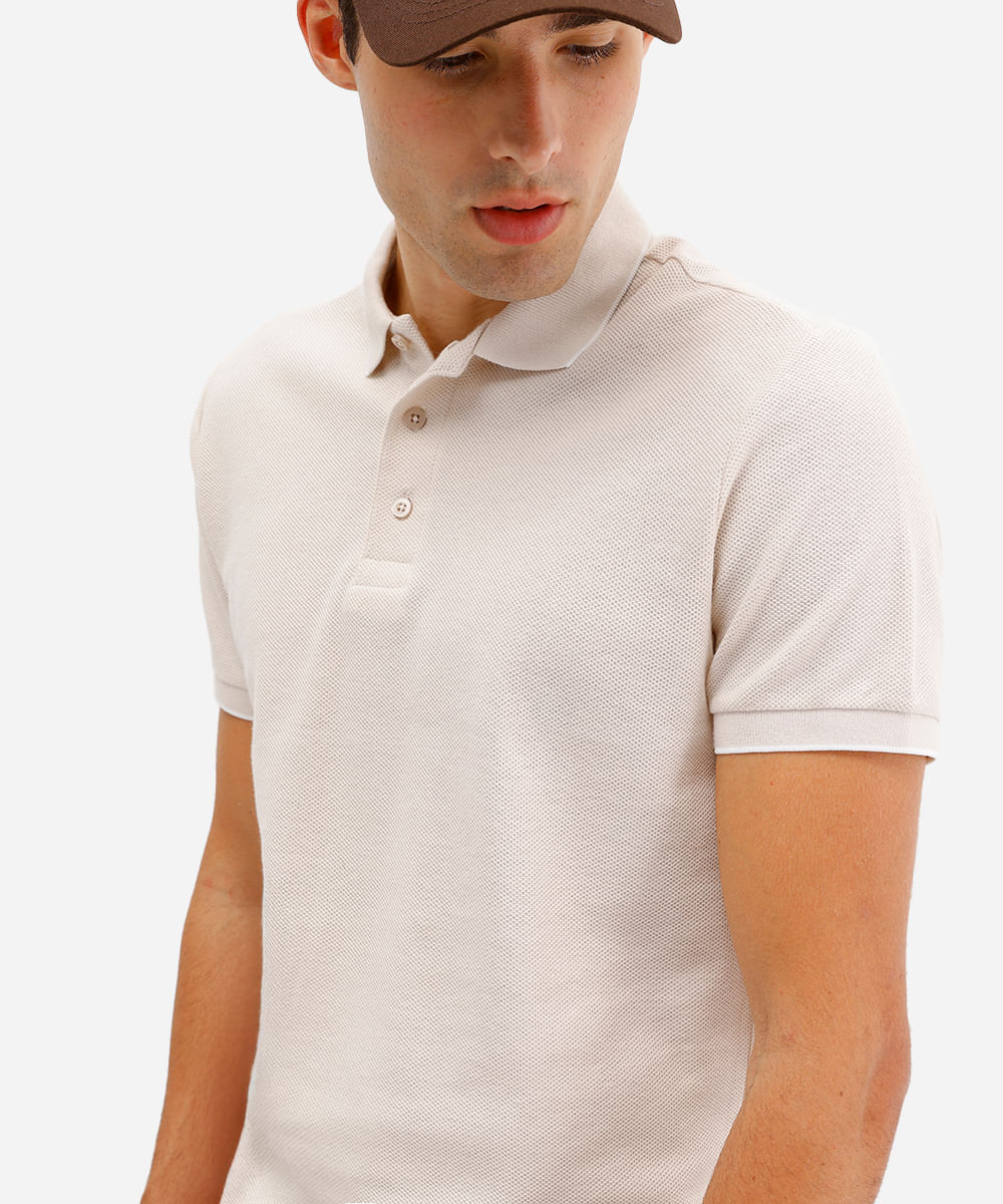polo básica masculina de algodão manga curta texturizada bege