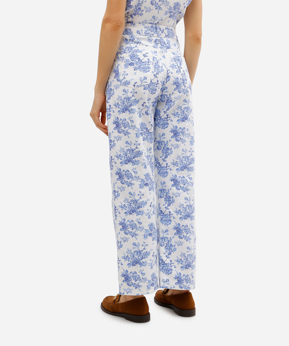 calça wide leg slim feminina de sarja floral off white