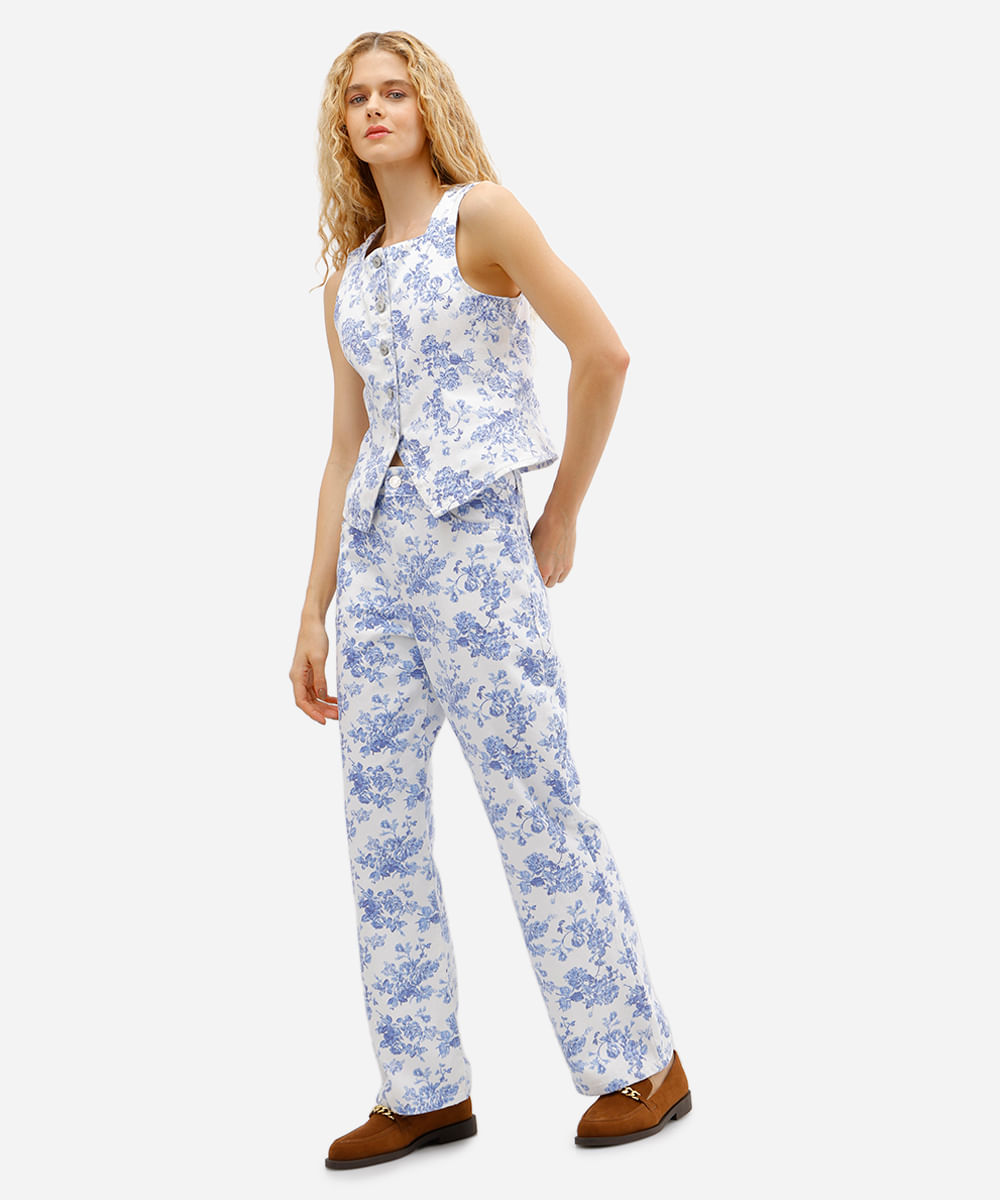 calça wide leg slim feminina de sarja floral off white