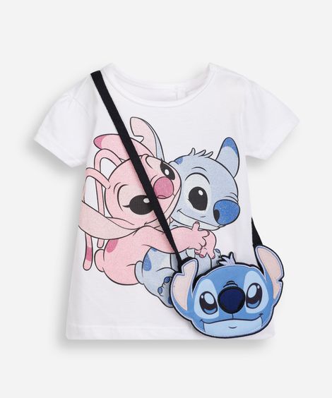 camiseta de algodão infantil stitch e angel com bolsinha off white