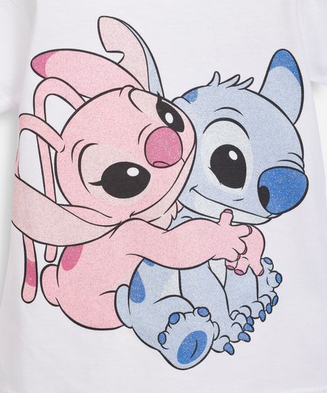 camiseta de algodão infantil stitch e angel com bolsinha off white