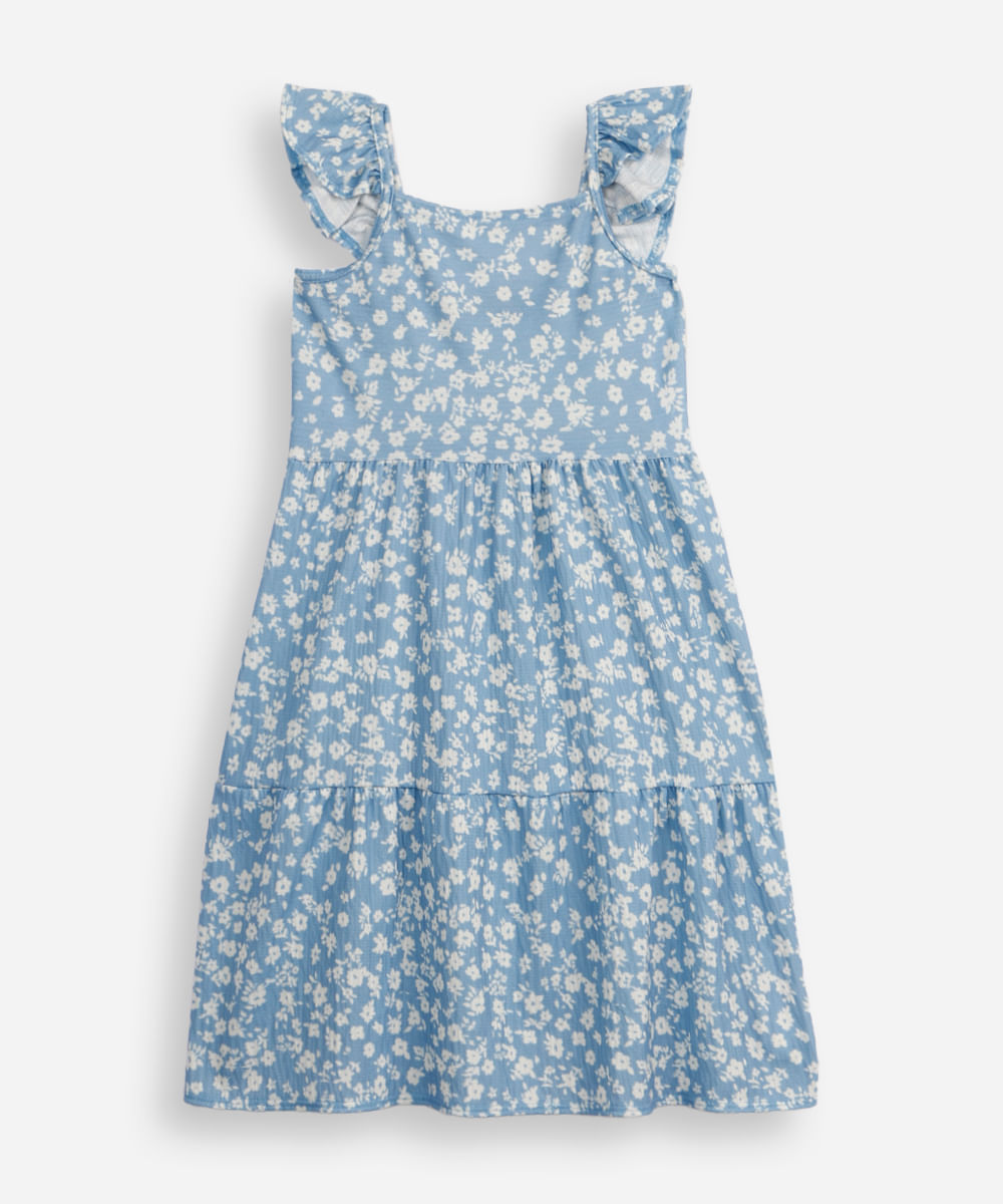 vestido infantil floral com babados texturizado azul