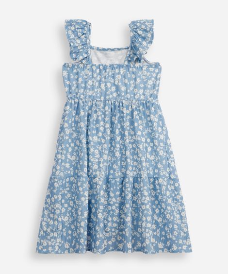 vestido infantil floral com babados texturizado azul