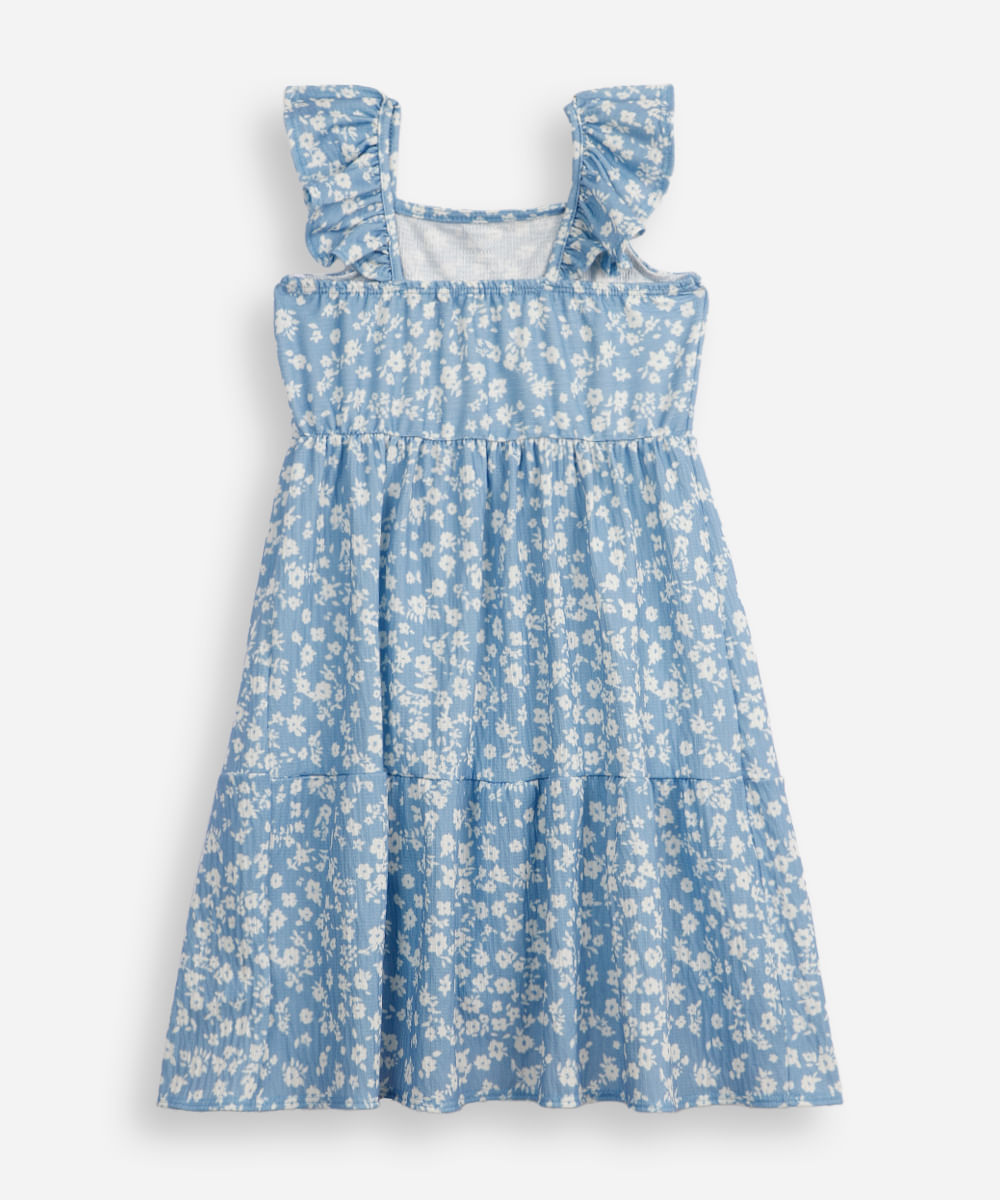 vestido infantil floral com babados texturizado azul