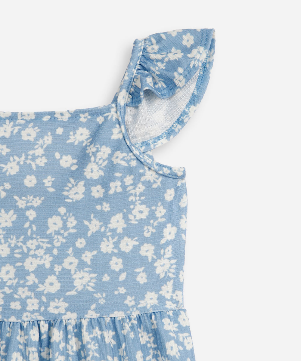 vestido infantil floral com babados texturizado azul