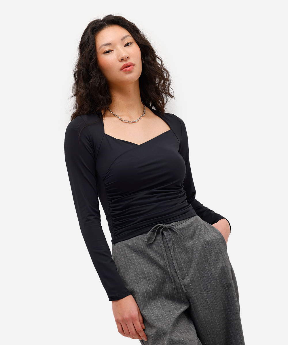 blusa feminina de poliamida franzida  preto
