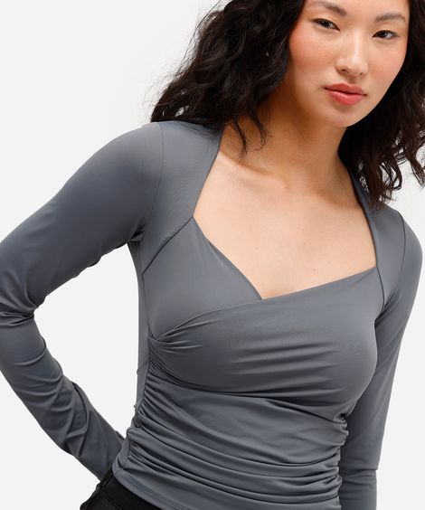blusa feminina de poliamida franzida cinza