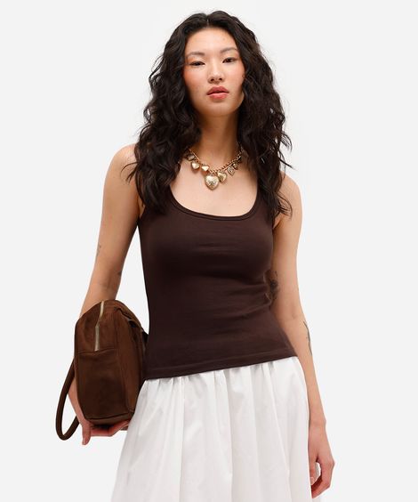regata feminina de algodão decote quadrado - marrom escuro