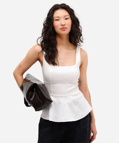 regata peplum feminina de tafetá decote quadrado off white