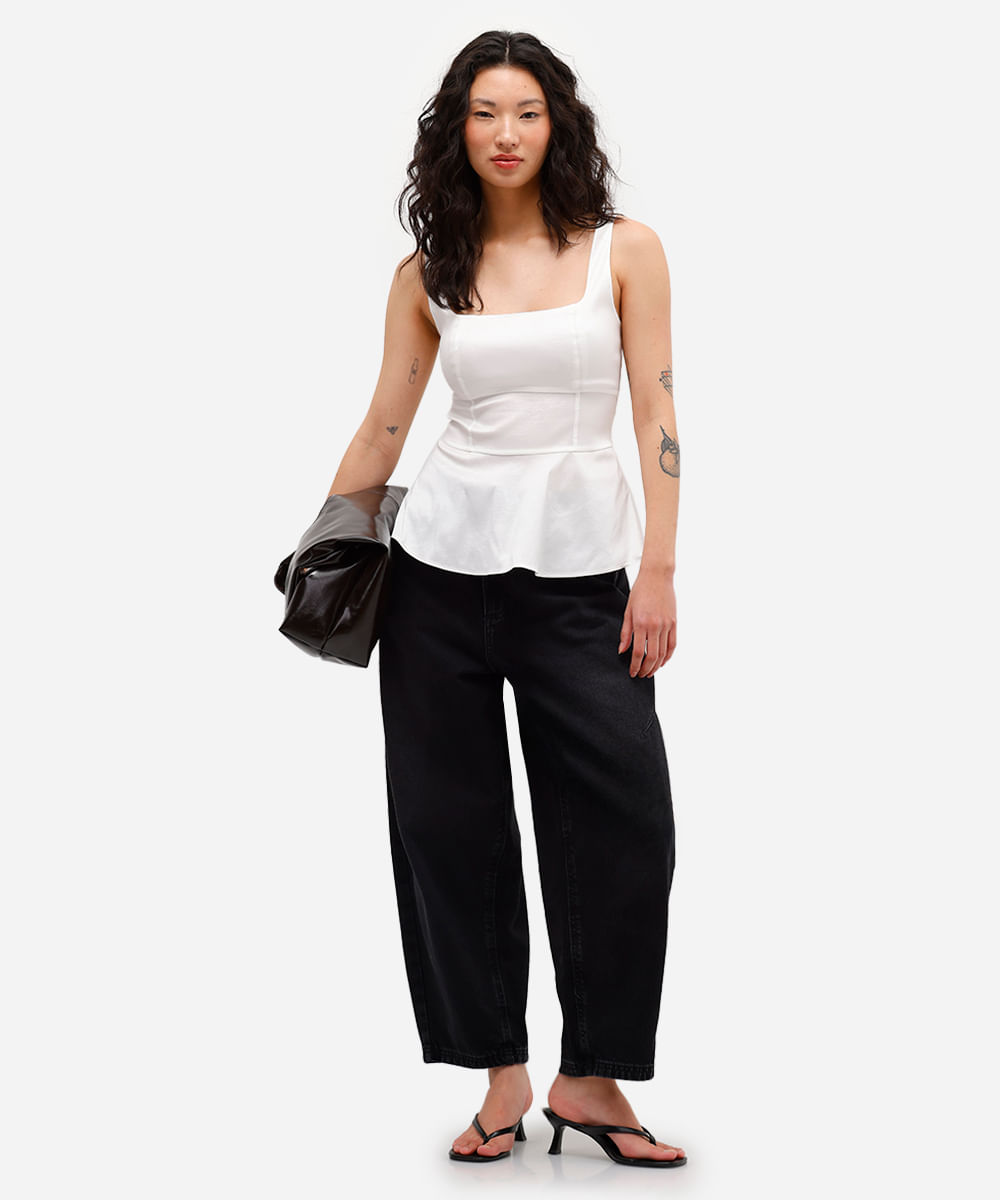 regata peplum feminina de tafetá decote quadrado off white