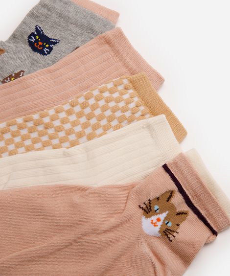 kit de 5 meias femininas cano médio gatinhos - multicor