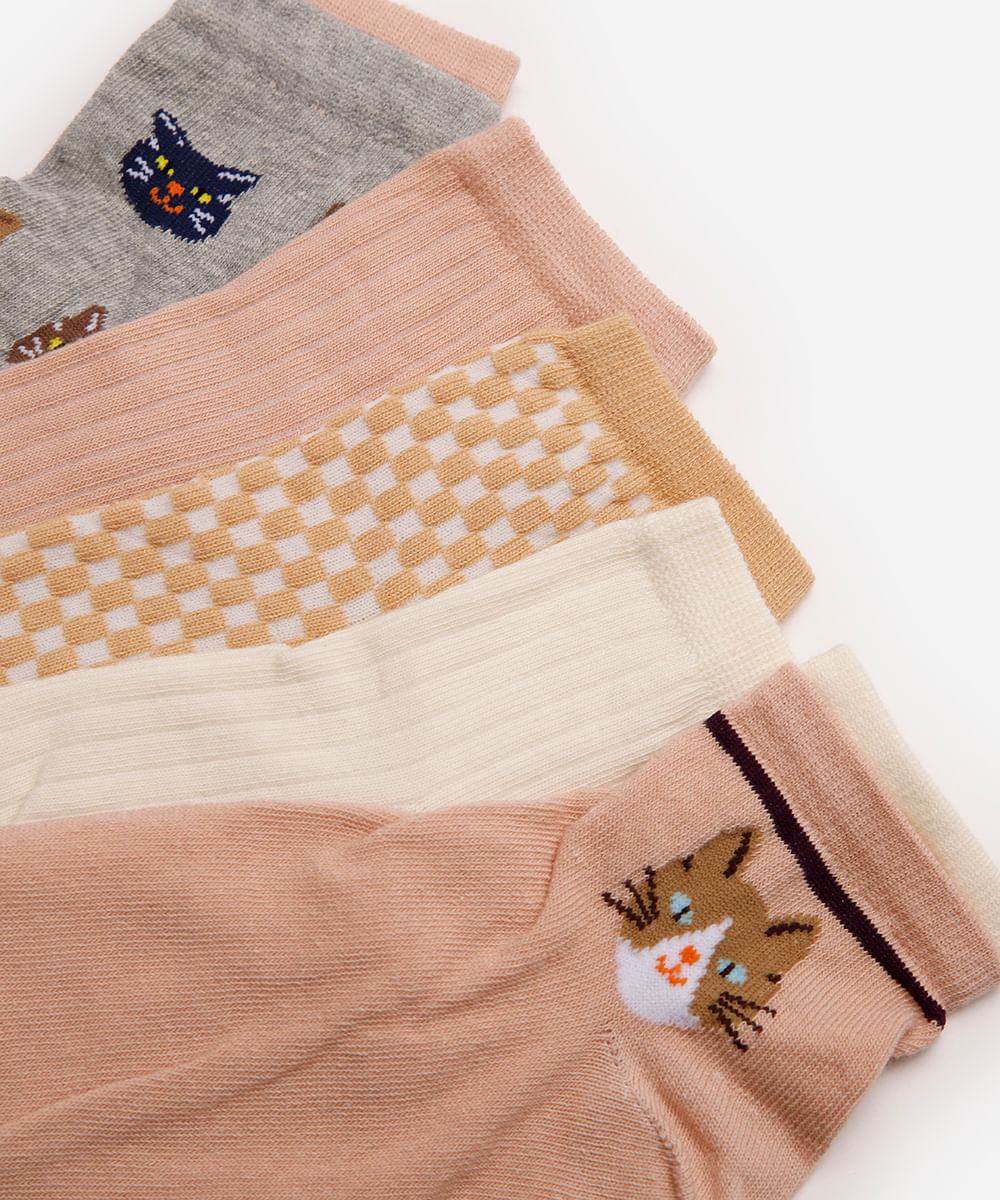 kit de 5 meias femininas cano médio gatinhos - multicor