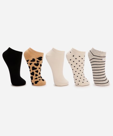 kit de 5 meias femininas cano baixo estampada colorida