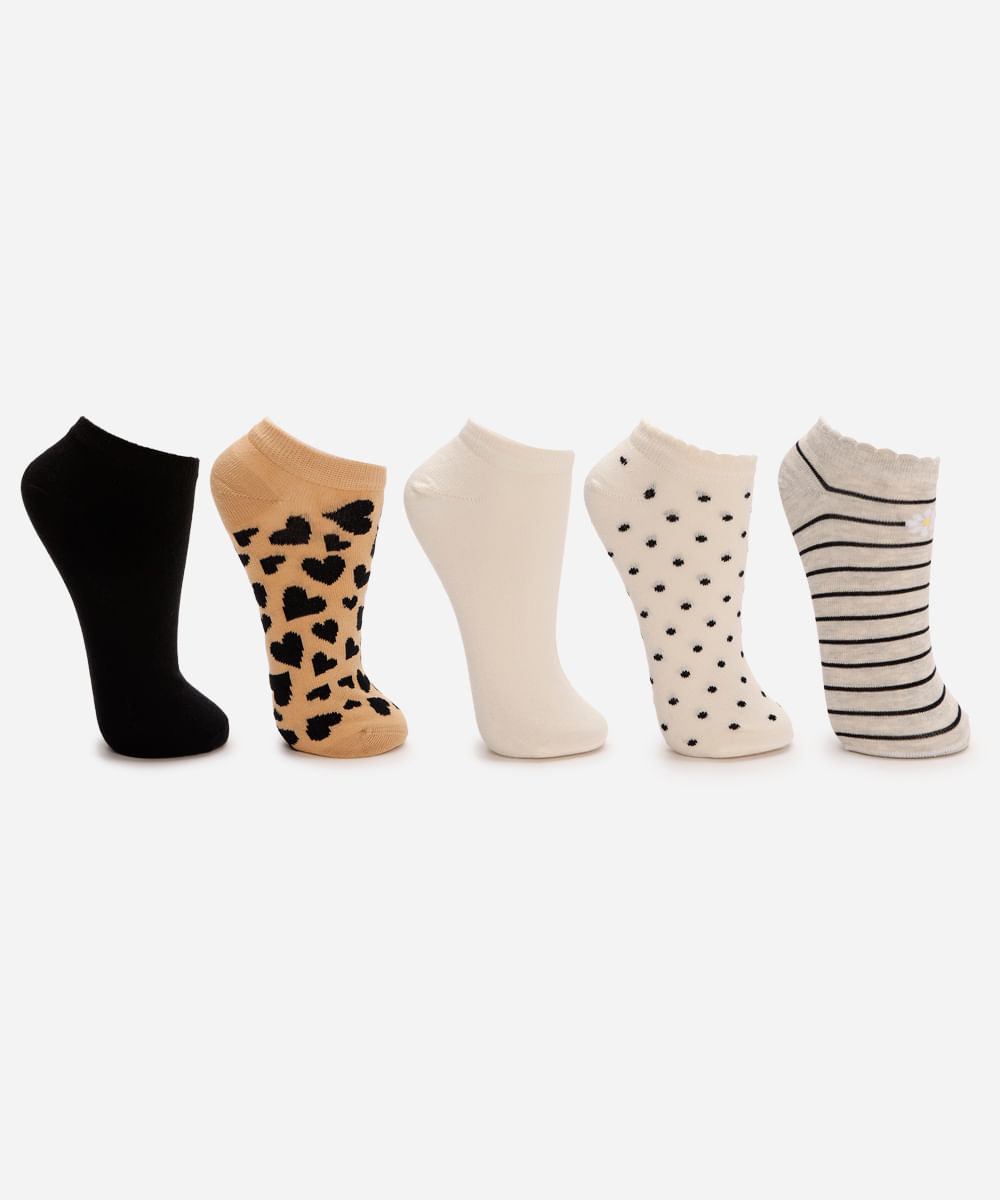 kit de 5 meias femininas cano baixo estampada colorida