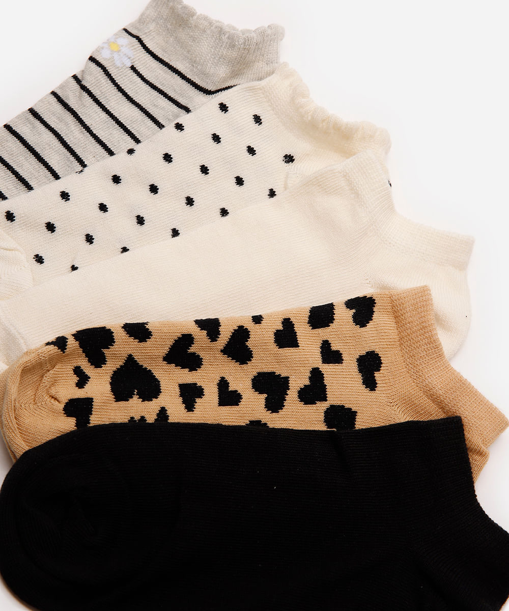 kit de 5 meias femininas cano baixo estampada colorida