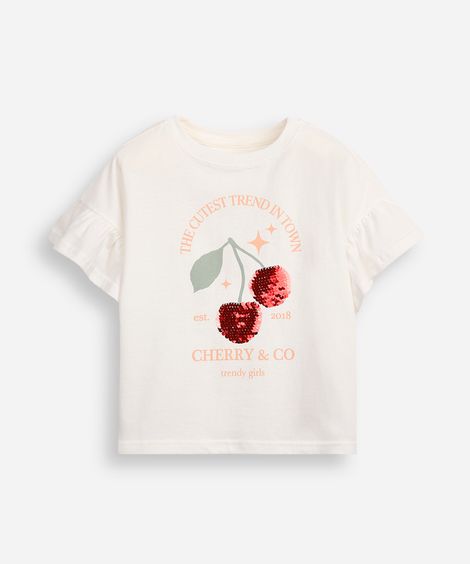 camiseta de algodão infantil manga com babado e paetê off white