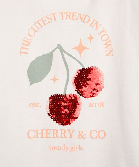 camiseta de algodão infantil manga com babado e paetê off white