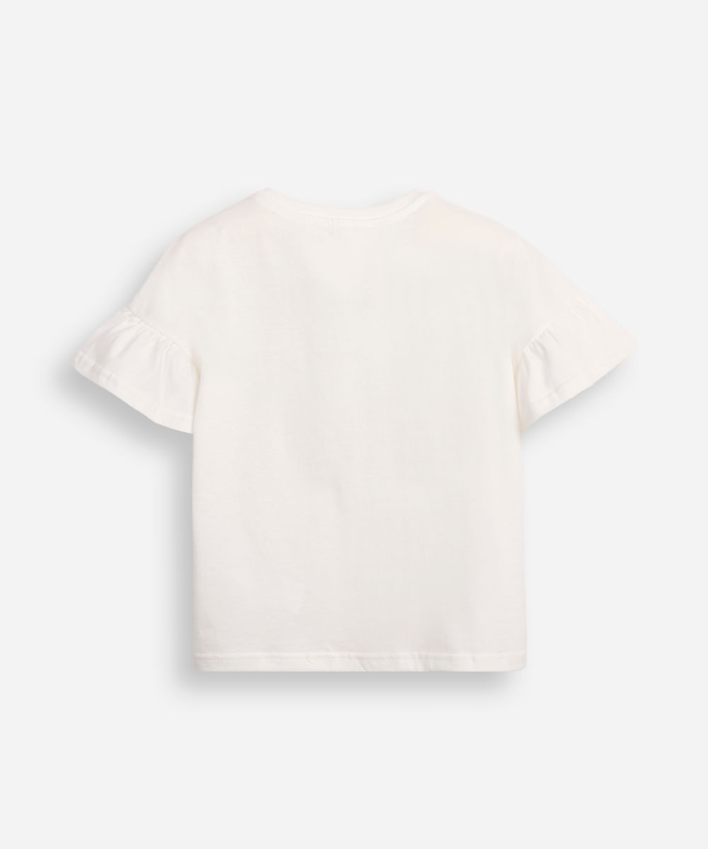 camiseta de algodão infantil manga com babado e paetê off white