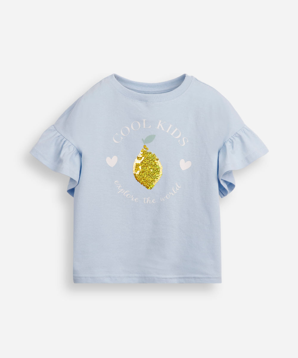 camiseta de algodão infantil manga com babado e paetê azul